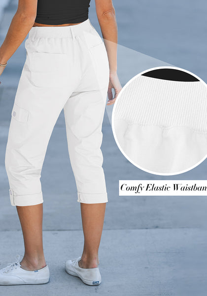 Ivory White Women's High Wasited Cargo Pants Cuffed Hem Elastic Waist Capri Pants With Pockets