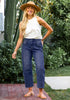 Classic Blue Women's Cropped Denim High Waisted Jeans Pull On Straight Leg Stretch Barrel Jeans