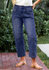 Classic Blue Women's Cropped Denim High Waisted Jeans Pull On Straight Leg Stretch Barrel Jeans