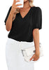 Black Women's Puff Sleeve V-Neck Blouses Business Casual Work Tops