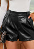 Black Women's High Waisted PU Leather Shorts Stretch Pocket Pleat Shorts