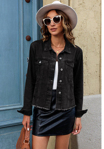 Graphite Black - Acid Wash Women's Denim Frayed Hem Button Up Distressed Jackets