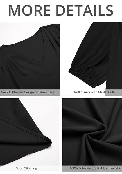 Black Women's Puff Sleeve V-Neck Blouses Business Casual Work Tops