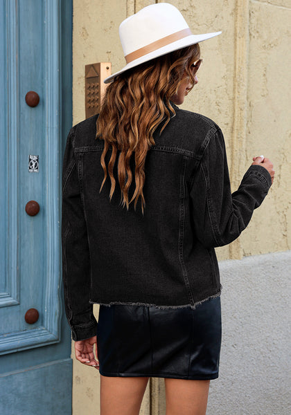 Graphite Black - Acid Wash Women's Denim Frayed Hem Button Up Distressed Jackets