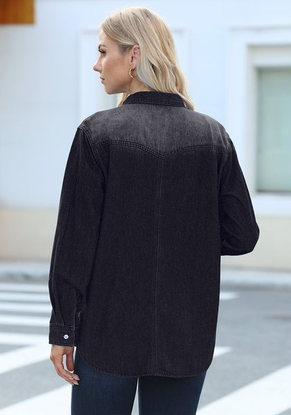 Washed Black Women's Trendy Long Denim Jackets Oversized Shackets with Pockets
