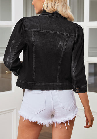 Black Women's Brief Vintage Distressed Stretchy Puff Sleeve Denim Jackets