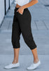 Black Women's High Wasited Cargo Pants Cuffed Hem Elastic Waist Capri Pants With Pockets