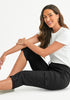 Black Women's High Wasited Cargo Pants Cuffed Hem Elastic Waist Capri Pants With Pockets