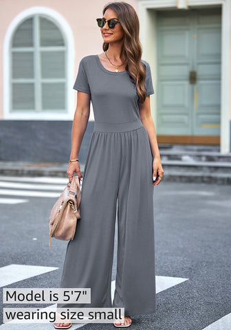 Gray Women's Wide Leg Jumpsuits Baggy Loose Short Sleeves Overall