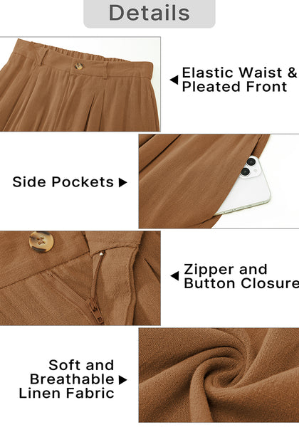 Brown Women's High Waisted Wide Leg Capri Pants Linen Flowy Pleated Casual Cropped Trousers