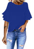 Royal Blue Trumpet Sleeves Keyhole-Back Blouse