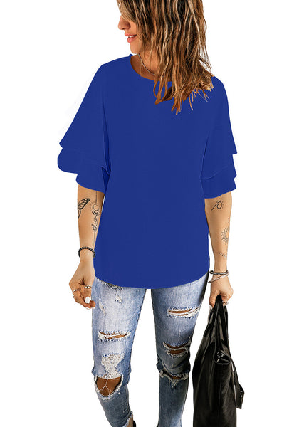 Royal Blue Trumpet Sleeves Keyhole-Back Blouse