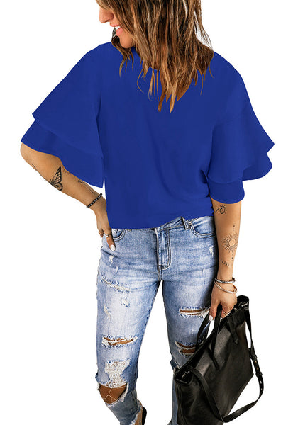 Lapis Blue Women's Summer Blouse Casual Ruffle 3/4 Sleeve Tops Loose Shirts