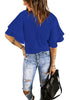 Royal Blue Trumpet Sleeves Keyhole-Back Blouse