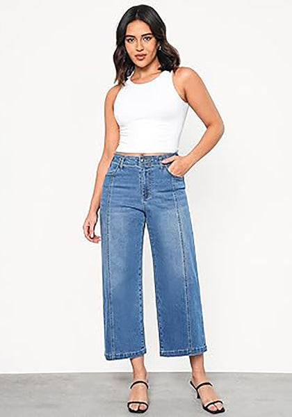 Medium Blue Women's High Waisted Wide Leg Denim Cropped Jean Pants for Curvy