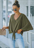 Dark Olive Women's V Neck Button Down Shirts 3/4 Bell Sleeve Tie Knot Blouse