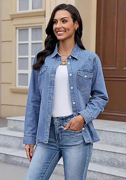 LookbookStore Women's Indigo Medium Blue Long Sleeve Button Down Denim Shirt Relaxed Fit Chambray Western Style Casual Collared Jean Top