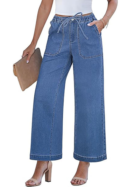 Classic Blue Cropped Wide Leg High Waisted Drawstring Denim Jeans For Women