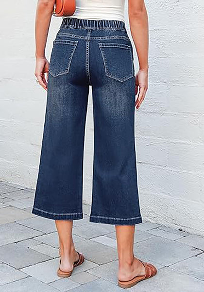 Vintage Blue Women's Denim Capri Elastic Waist High Waist Pant Pocket