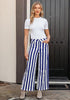 Women's Fashion High Waist Wide Leg Loose Fit Blue White Striped Denim Jeans