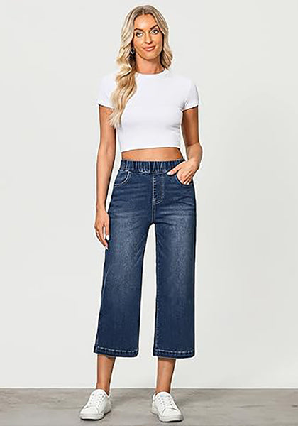 Vintage Blue Women's Denim Capri Elastic Waist High Waist Pant Pocket