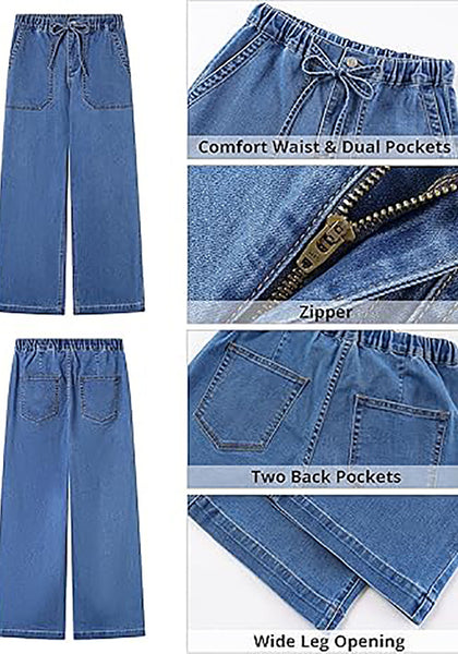 Classic Blue Cropped Wide Leg High Waisted Drawstring Denim Jeans For Women