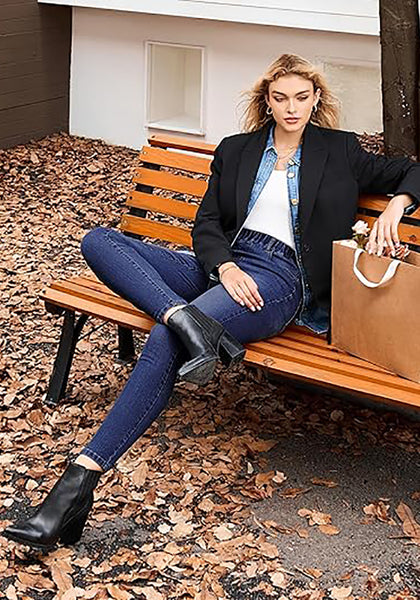 Darkness Blue High Waist Skinny Jeans with Elastic Waistband for Women Stretch Denim Functional Pockets Comfort Fit Jeggings