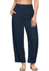 Dark Blue Women's Casual High Waisted Lightweight Lounge Barrel Cropped Pants Soft Smocked Comfort Wear