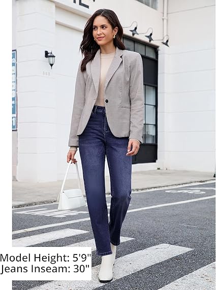 Darkness Blue High Waist Denim Pants Straight Leg Comfort Stretch Jeans Full Length Jeans with Pockets Casual