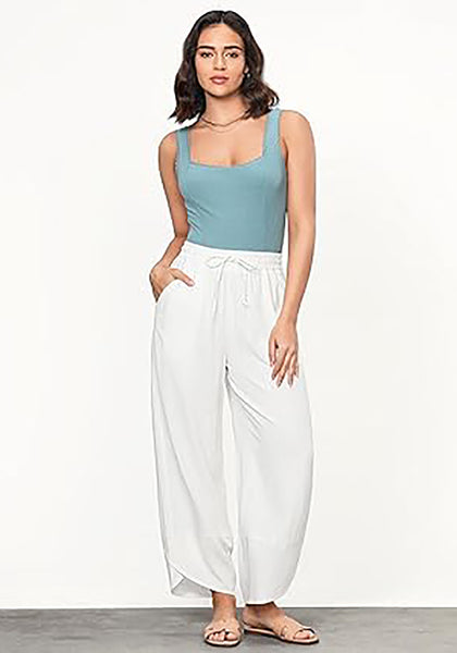 Cream White Women's Wide Leg Drawstring Harem Loose Permeable Palazzo Pant