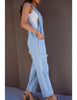 Ice Blue Women's Casual Denim Low Scoop Neckline Jumpsuits With Adjustable Shoulder Pocket Cropped Overalls