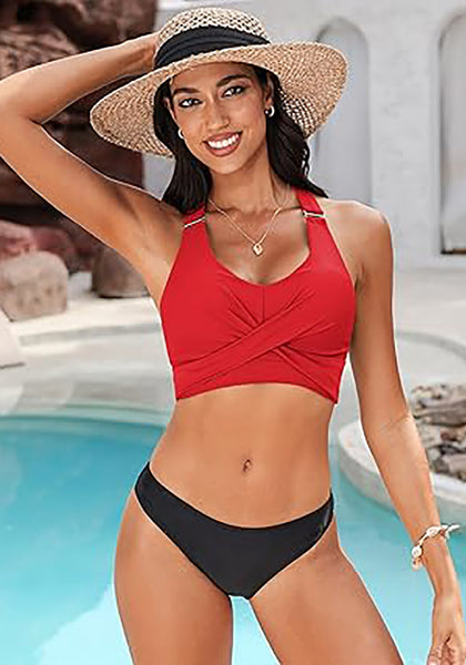 Red Women's Adjustable Strap Bikini Top Criss Cross Padded V-Neck Sexy Swimwear Swim Tops