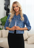 Medium Blue Women's Brief Vintage Distressed Stretchy Puff Sleeve Denim Jackets