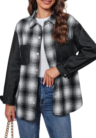 Black & White Plaid Women's Brief Button Down Denim Loose Plaid Flannel Shirt Coats Jackets