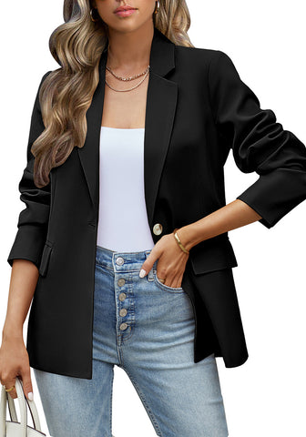 True Black Women's Office Casual Long Sleeve Pocket Blazer Jacket