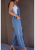 Medium Blue Women's Casual Denim Low Scoop Neckline Jumpsuits With Adjustable Shoulder Pocket Cropped Overalls