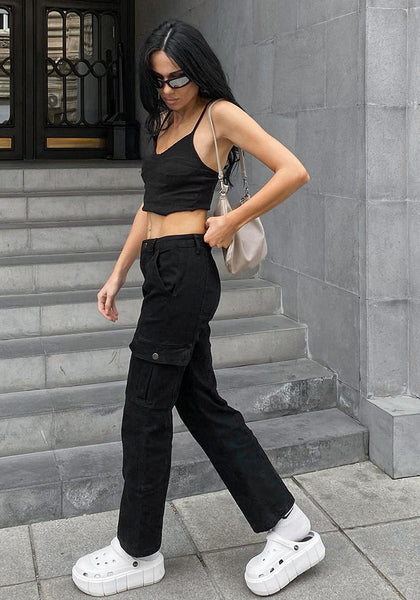 True Black Women's Straight Leg Cargo Pants Casual Y2K High Waisted Styles