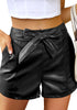 Black Women's High Waist Wide Leg Stretch Belted Shorts PU Leather Pants