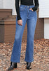 Classic Blue Women's High Waisted Flared Jeans Rhinestone Side Stripes Comfort Stretch Functional Pockets