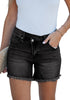 Washed Black Women's High Waisted Denim Jeans Shorts Frayed Raw Hem Crossover Waist Casual Summer Shorts