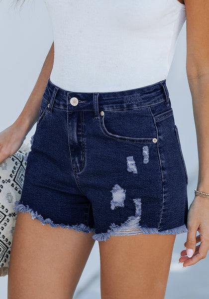 Dark Blue Women's High Waisted Denim Distressed Jeans Shorts Frayed Raw Hem Ripped Shorts