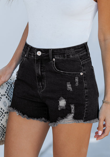 Washed Black Women's High Waisted Denim Distressed Jeans Shorts Frayed Raw Hem Ripped Shorts