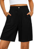 2024 Women's Black High Waist Linen Bermuda Shorts Regular Fit Elastic Waist Pockets Shorts