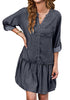Washed Black Women's Brief Loose Denim Button Down Dress with Pockets