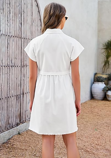 LookbookStore Cream White Women's Short Sleeve Babydoll Denim Dress – Pleated Raw Hem Distressed Western Style with Pockets