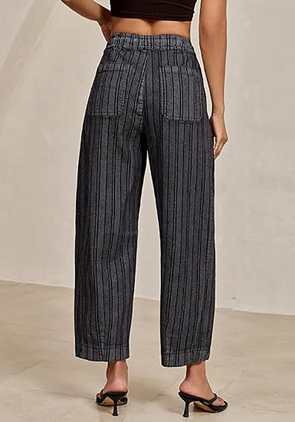 LookbookStore Women's Foxy Gray Stripe Cropped Barrel Jeans High Waist Elastic Pull On Wide Leg Casual Stretch Denim Pants