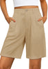 2024 Women's Khaki Linen High Waist Bermuda Shorts Regular Fit Elastic Waist Pockets Shorts
