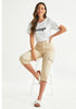 Beige Women's High Wasited Cargo Pants Cuffed Hem Elastic Waist Capri Pants With Pockets