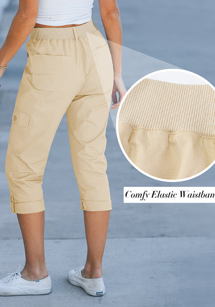 Beige Women's High Wasited Cargo Pants Cuffed Hem Elastic Waist Capri Pants With Pockets