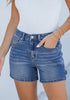 Classic Blue Women's High Waisted Distressed Denim Jeans Stretchy Summer Casual Shorts